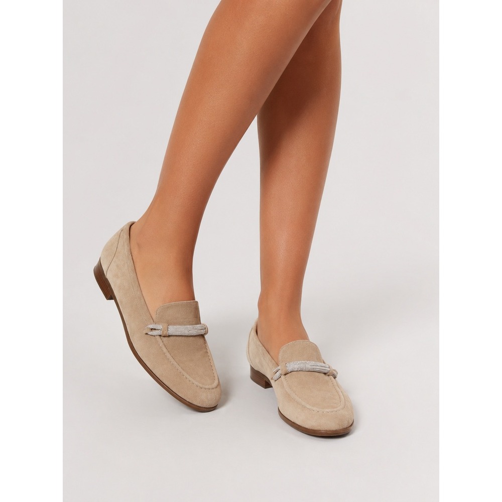 Vaneli Taupe Suede Rhinestone Embellished Slip On Loafers Old Money Shoes 8.5 M